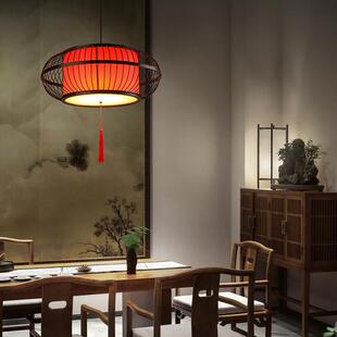 竹编灯笼式锅风吊灯火店酒店餐厅739中餐饮店复古黑色古竹艺灯罩