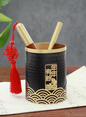 笔LX-WJ-23筒纯纳黄铜中国高级感办室书房公桌面收摆件雕花六君子