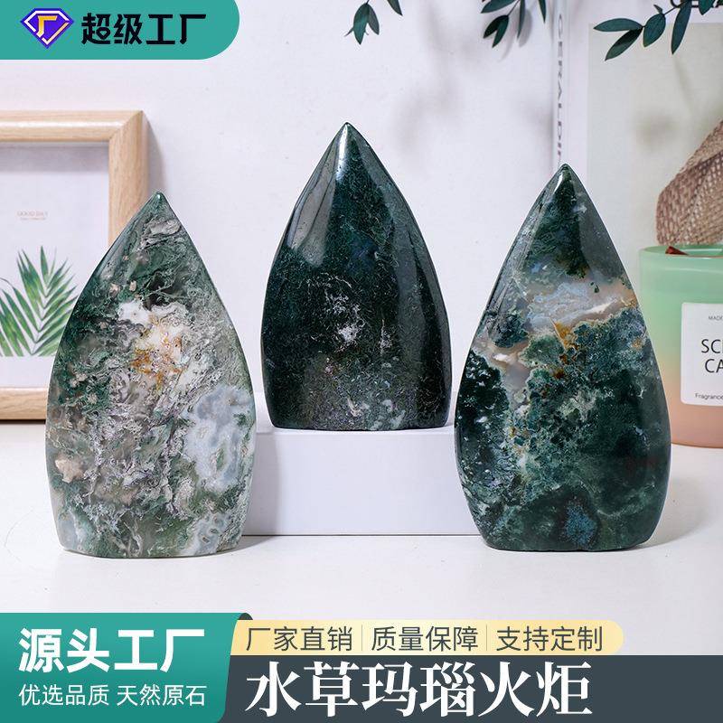 天然水草玛瑙火炬摆件水晶原石打磨家居桌面装饰工艺品摆件
