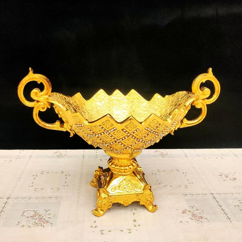 欧式果盘电镀金工艺家居装饰品双耳水果盘金色摆件收纳客厅餐桌