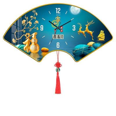 扇形自动对时厅意静音挂钟餐厅创时万年历钟网饰红客简约现代装画