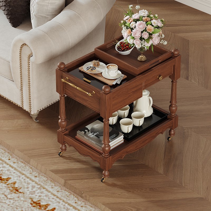 复古可移动边几实木小茶几茶桌置C物架小推车客厅家用沙发侧边桌