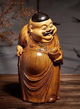 高中端式主摆件客财神爷雕塑仿木雕茶几博ZQW厅古架装地饰品桌面