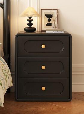 高级SDA木床头柜黑色轻实奢卧室现代感极简床边纳收柜三层创意床