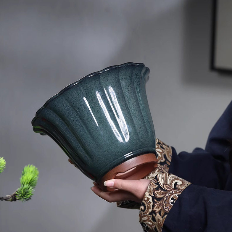 紫砂花盆陶瓷盆景盆桌面手工盆栽兰花盆海鼠釉均釉花釉兰盆斗笠盆