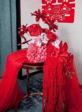 2P8房花艺厅玫红大红色系花假花结婚卧室客0布置桌花喜庆床GLW头