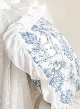 法式田沙发靠枕荷叶边蓝色小新花卉刺园绣抱枕棉JGI布绣花垫靠靠