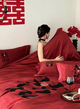 用新式中刺绣婚庆四件套大pxx10032红色婚房被套感床单上床品陪嫁
