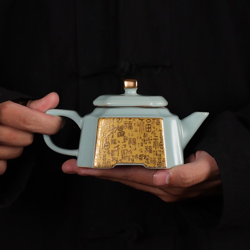 汝窑百福龙井壶汝瓷茶壶茶具泡茶壶开片可养中式家用泡茶工具