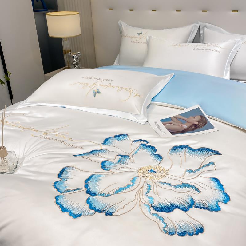 双欧式床贡缎洗天丝四件套水真丝刺绣被套面冰丝床F77MS8H8单床笠