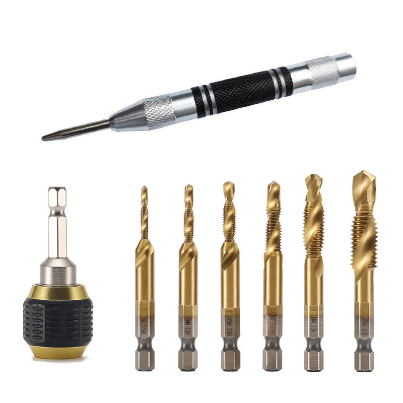 厂家直供现货高速钢钻孔攻丝倒角一体钻头套装 镀钛6pc复合丝锥