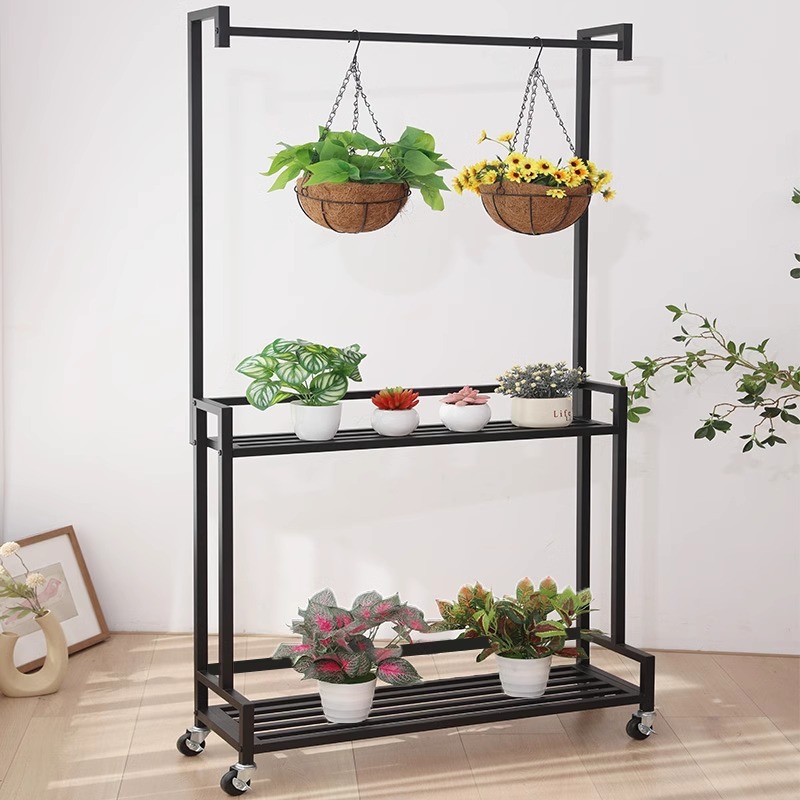 现代简约铁艺双层室内花架落地式阶梯置物架客厅移动带轮花盆架子