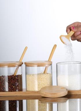 高鹏硅玻璃木25403带勺料罐厨房家用组盖合竹托装油盐调调味竹瓶
