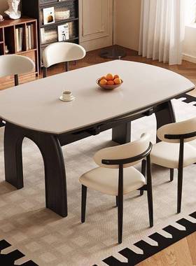 复式古风可伸缩法圆形VVY岩叠板餐桌椅小户型餐厅家用折桌方圆两