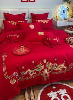 ZF77J87TMQ中式刺绣全棉婚庆四件套大红婚床被纯套棉陪嫁结床上单