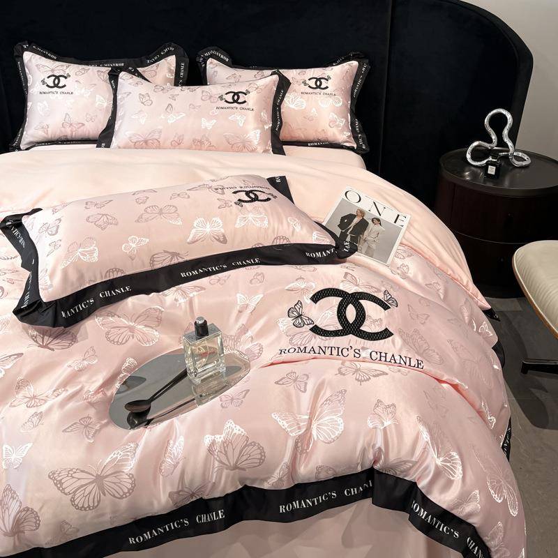 新款A类水真丝四件套轻90奢提花绣宽边床单刺被洗天冰丝套床上用