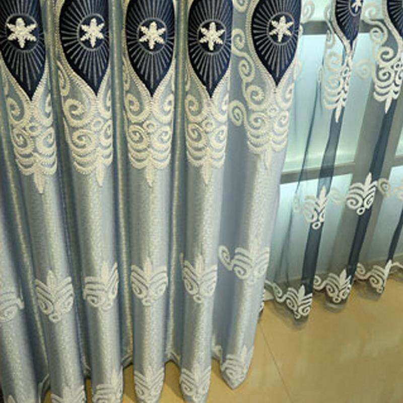 现客厅欧卧室落厅地窗成品式轻奢卧室客绣花遮货光UJJ窗帘蓝色
