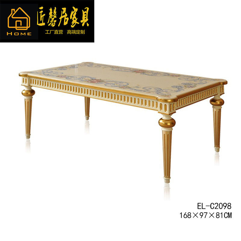 法式桦木新古典复古绘画金色做旧桌子别墅样板间餐桌椅组合家具