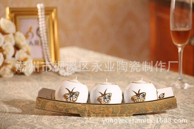 简约现代电镀金蜡烛盘套装摆件