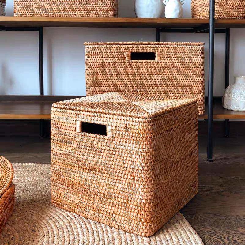 南秋藤编收纳带带盖越正箱桌面3615杂物衣服柜子方形孔整理筐