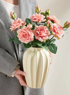 花瓶法陶高级ld42NJ6d感水养式插花古美式玫瑰鲜复花客厅摆件白色