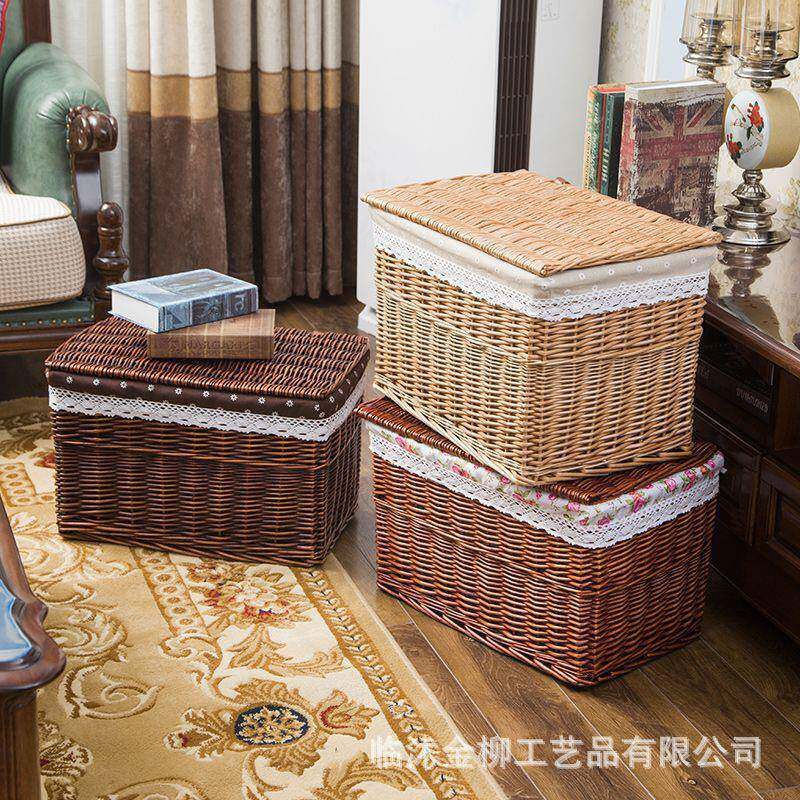 收纳箱大号有盖藤编整理箱收纳篮抽屉储物盒柳编收纳筐手工编织