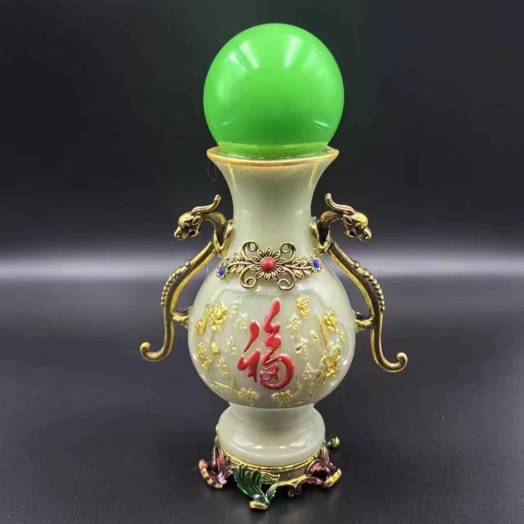 双龙做旧夜光花瓶摆设仿古夜光石描彩福字家居客厅摆件工艺品批发