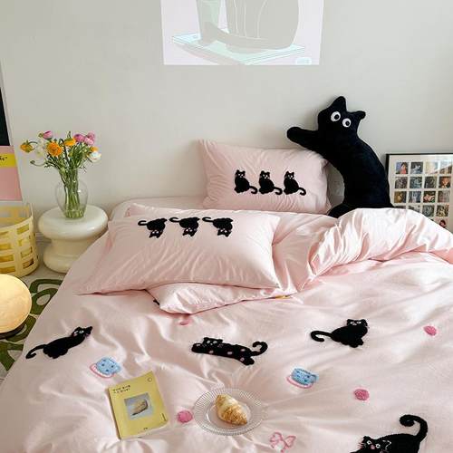 韩系可爱波点猫纯棉水洗棉四件套少女全棉被套学生三件套1.8床单