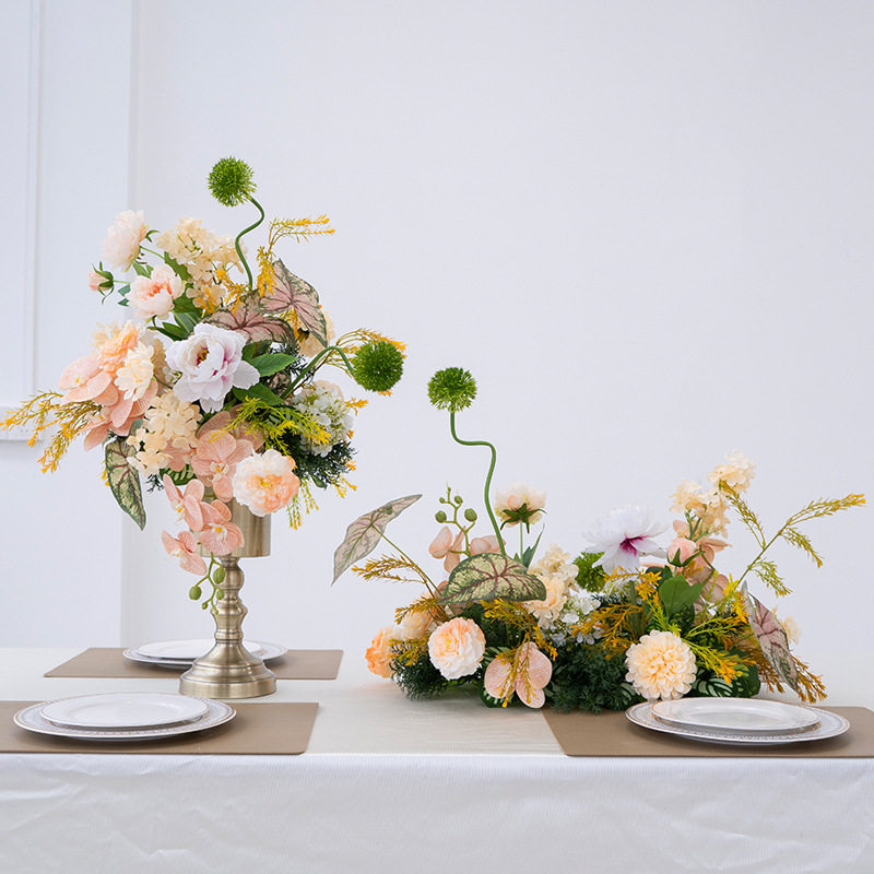 酒店桌花装饰仿真花花艺电镀花器长条桌花布置婚礼摄影道具假花
