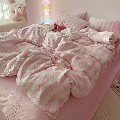 少女心新款A类水洗色织皱皱双层纱四件套全棉纯棉美拉德条纹床品