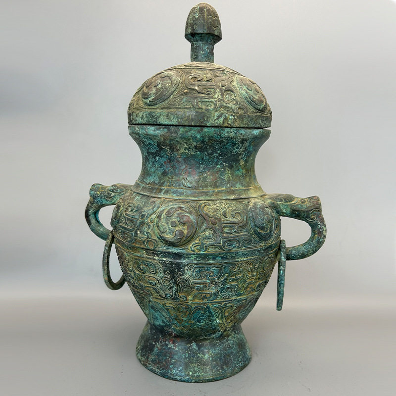 沃纹罍兽耳衔环带盖圆罍酒器仿古青铜器工艺品高仿摆件古代酒壶