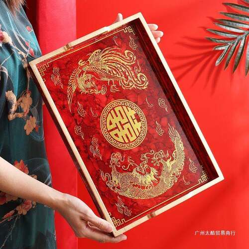 敬茶杯套装中式婚托盘长10092806方形色红特大木茶盘敬酒结喜盘陪