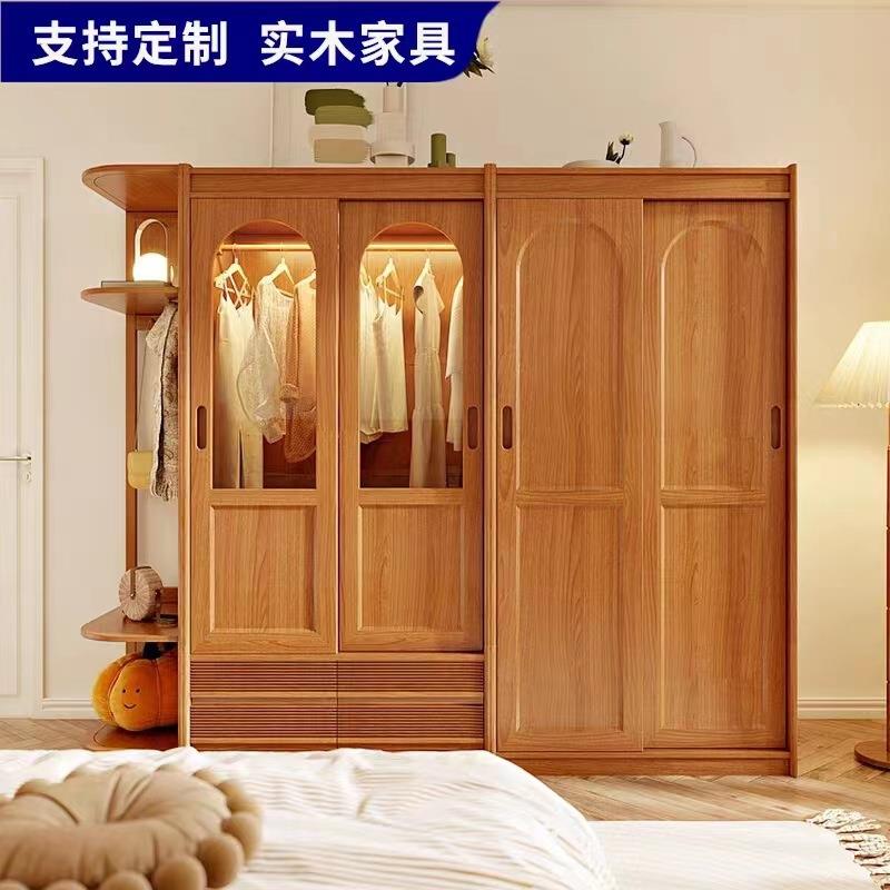 现代简约樱桃木实木衣柜黑胡桃木推拉门玻璃门大衣橱转角衣帽间