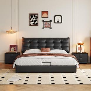 意式 皮床现代简约主卧双人床中古风软包大床网红大黑熊储物皮艺床