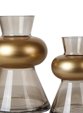 现代轻奢金色灰色圆锥形圆圈腰玻璃台面插花瓶家居软装饰品摆件F