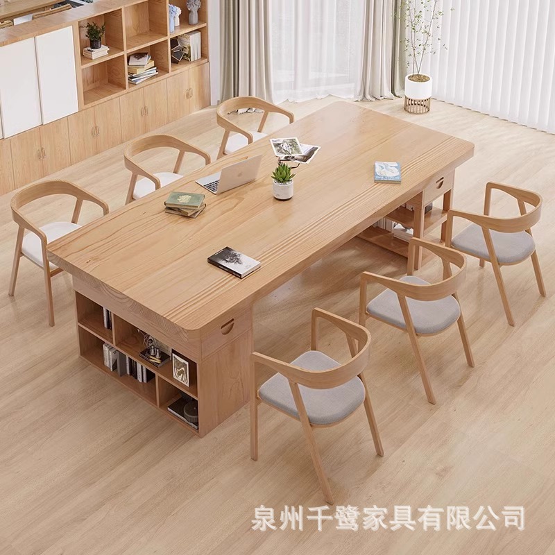 书桌书柜书架一体组合实木双人学习桌带抽屉客厅家用多功能大长桌