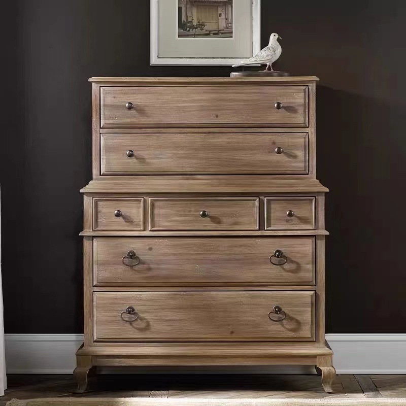 法式复古实木七斗柜多功能储物柜美式简约做旧卧室收纳柜靠墙柜子