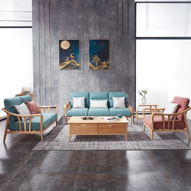 北欧现代白蜡木转角实木轻奢沙发客厅家具茶几组合三人可拆洗沙发