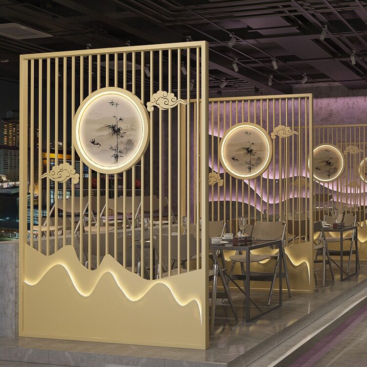 新中式铁艺LOGO发光隔断屏风餐厅饭店火锅店烧烤店包间入户遮挡