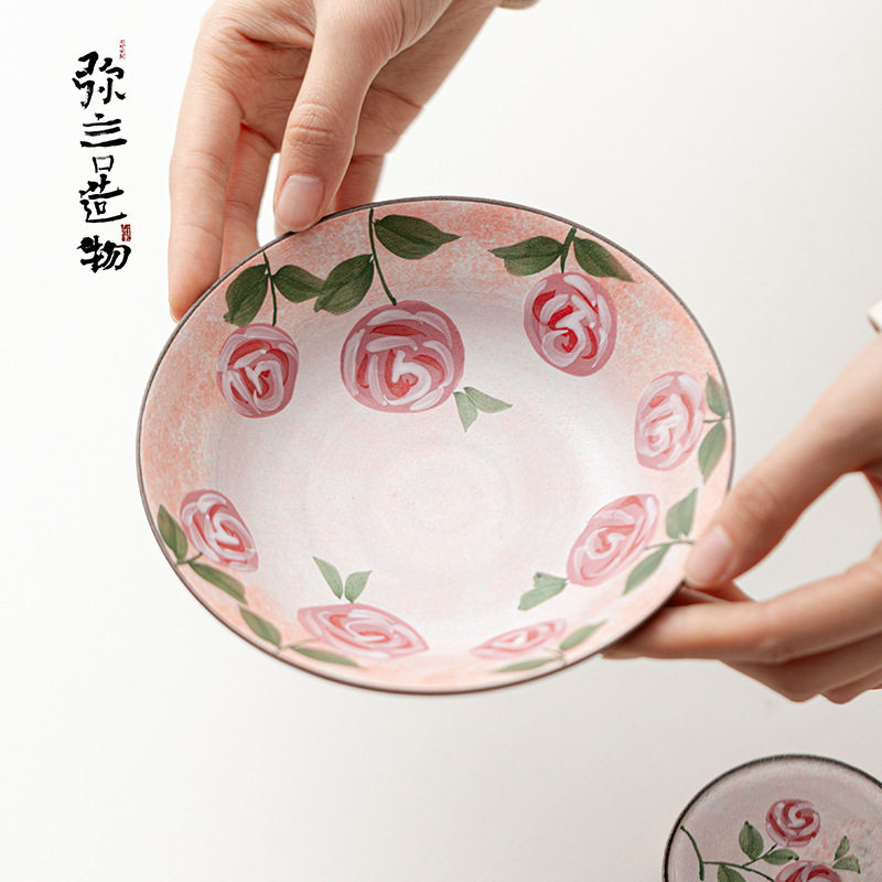 弥言手工粗陶粉引手绘玫瑰花壶承家用蓄水干泡盘日式小茶台茶点盘