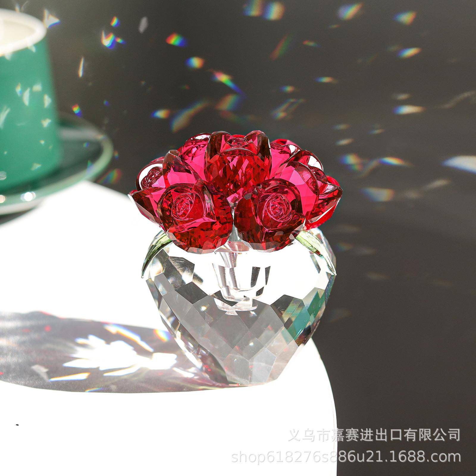 简约轻奢风格水晶工艺品桌面客厅装饰情人节粉红玫瑰花朵小摆件