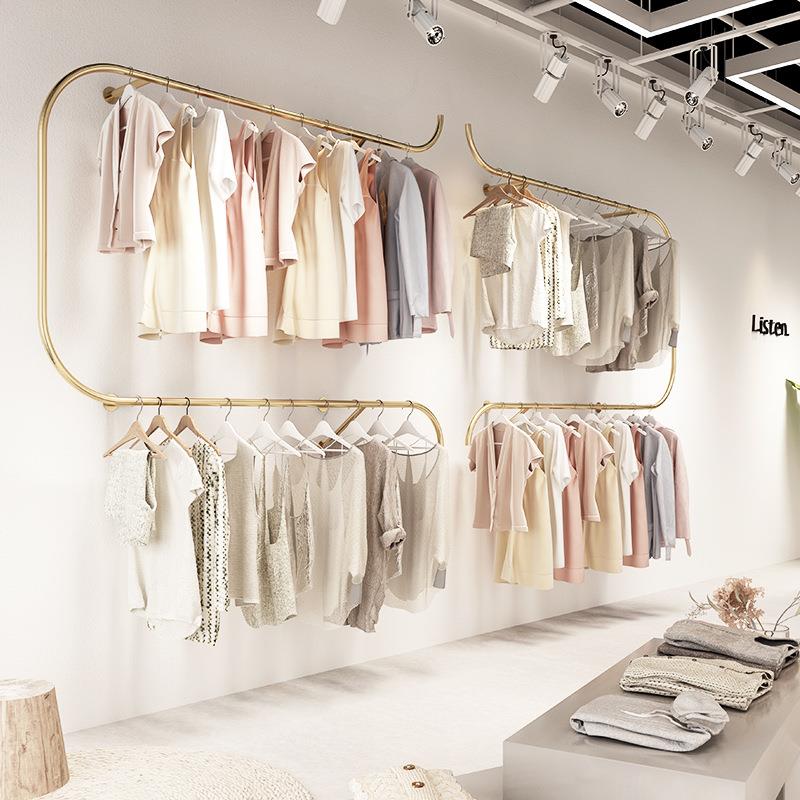 服装店展示架上墙壁挂架悬挂衣架双层衣服架子金色女装店挂衣杆图片
