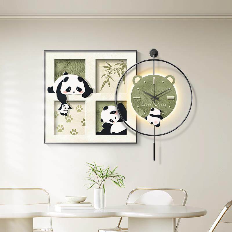 天台悦先奶油风餐厅钟表装饰画熊猫挂画饭厅挂钟简约现代客厅背景