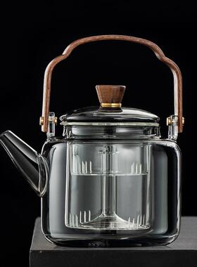 烟灰色木把提梁壶电陶炉蒸煮一体玻璃茶壶耐高温加厚大容量煮茶器