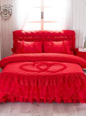 高旺婚庆大红色床罩四件套夹棉床裙韩版蕾丝1.5m1.8米2.0米多