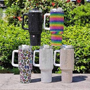 新款高档水晶贴钻40oz手柄杯镶钻大容量冰霸杯带吸管保温杯