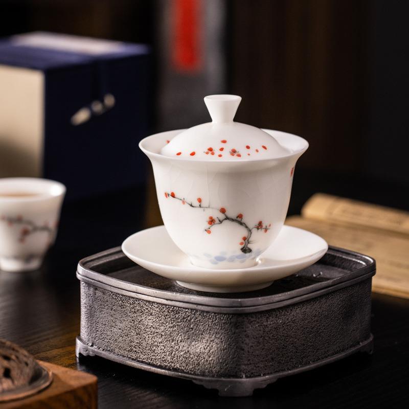 手绘白汝窑三才盖碗茶杯单个泡茶碗不烫手陶瓷茶碗开片可养冰裂釉