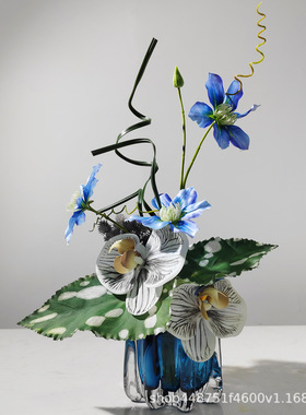 现代蓝色假花仿真花艺样板房客厅餐桌茶几插花售楼处轻奢装饰摆件