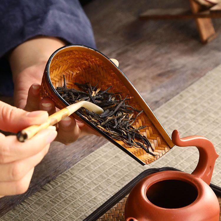 大漆茶则茶铲茶簸箕手工竹编茶则赏茶荷文玩竹茶茶则茶具茶道配件