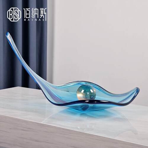 简约创意桌面船型玻璃大号水果盘勺子雕塑摆件别墅样板间软装饰品